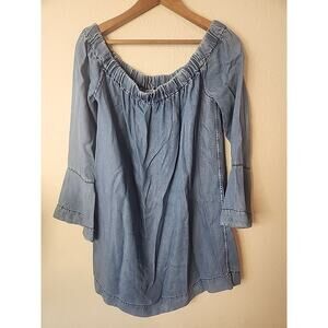 7 For All Mankind Off Shoulder Denim Style Top Bell Sleeves Blue Size M Tunic